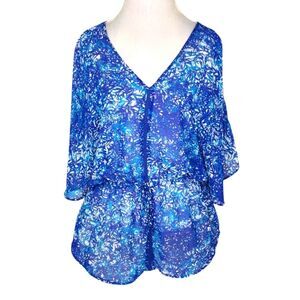 a.n.a Blue Tropical Print Chiffon Semi Sheer Kimono Sleeve Blouse Size XL